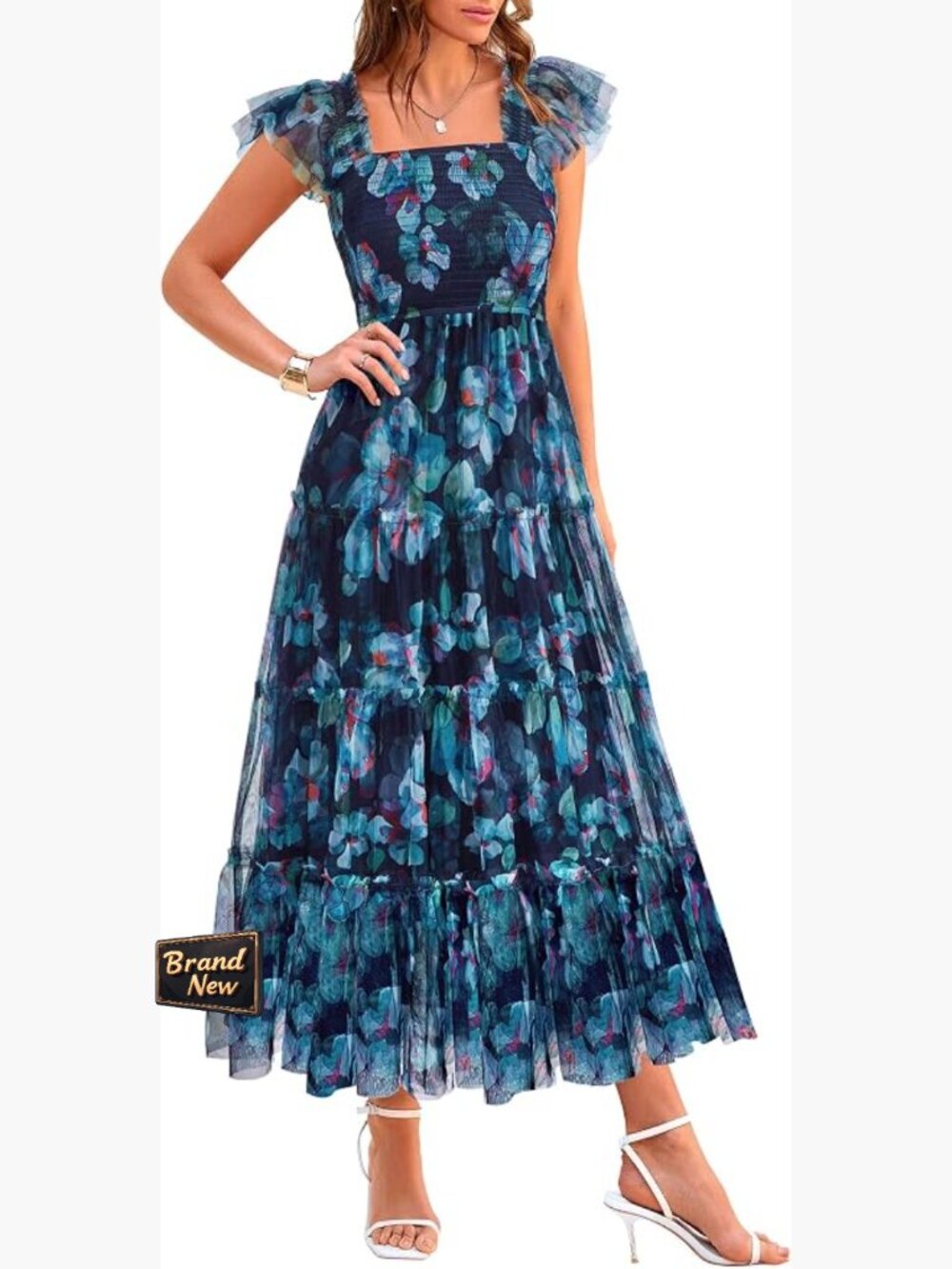 Smocked Midi Tulle Dress Sleeveless Square Neck Flowy A-Line Wedding Guest